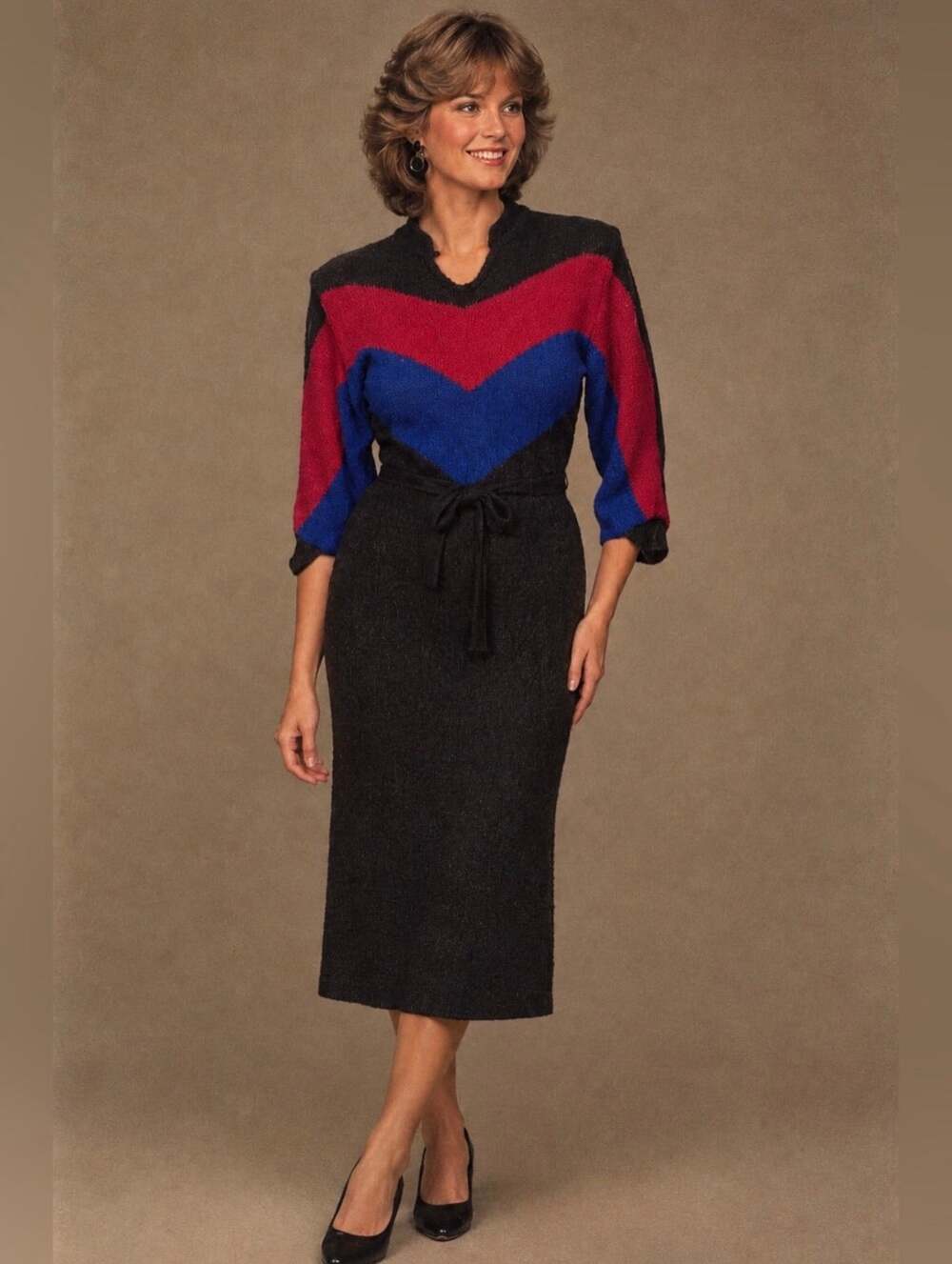 Vintage 70's chevron knit midi dress black M/L